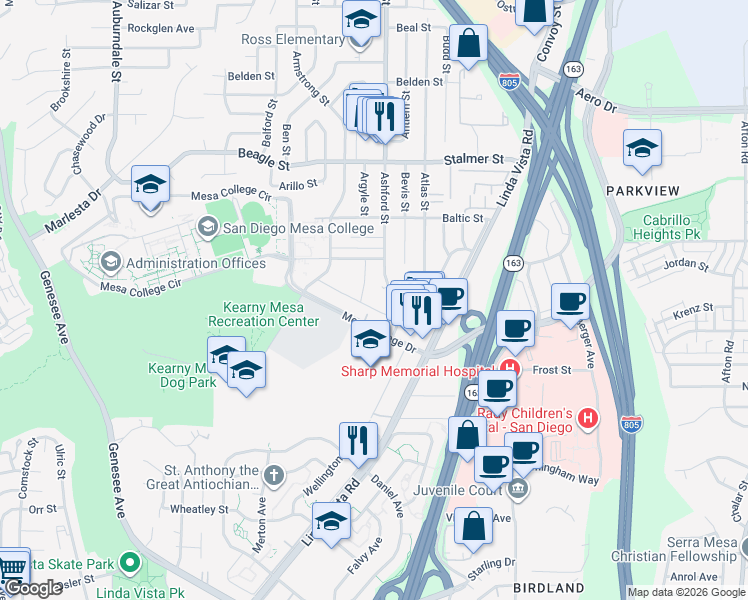 map of restaurants, bars, coffee shops, grocery stores, and more near 3246 Ashford Street in San Diego