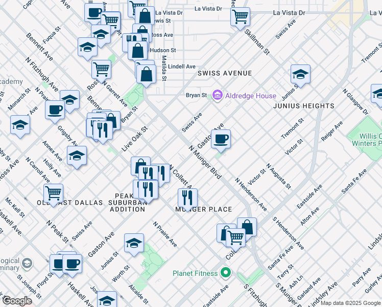map of restaurants, bars, coffee shops, grocery stores, and more near 5121 Gaston Avenue in Dallas