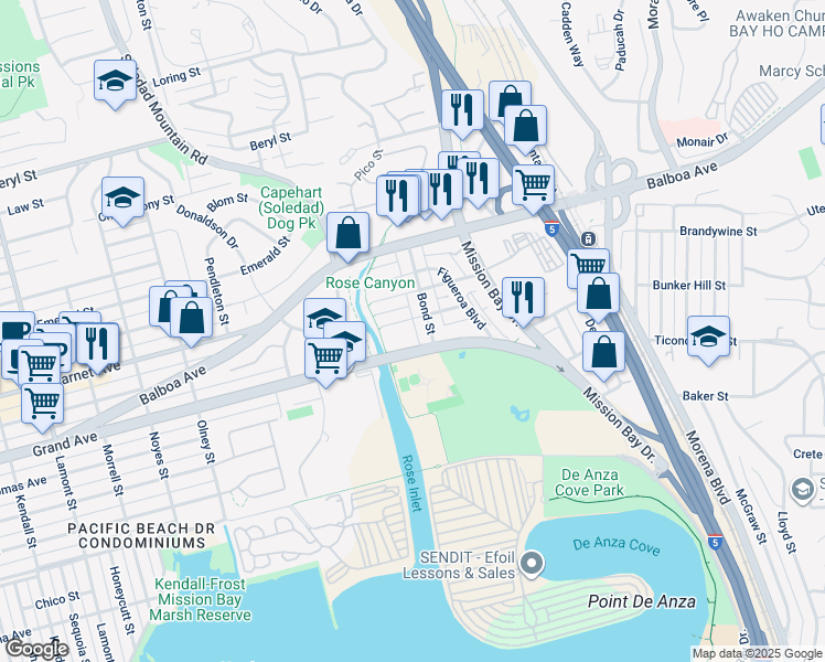 map of restaurants, bars, coffee shops, grocery stores, and more near 2636 Grand Avenue in San Diego