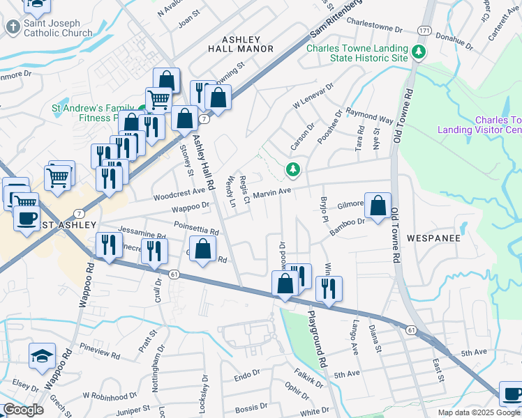 map of restaurants, bars, coffee shops, grocery stores, and more near 1324 Marvin Avenue in Charleston