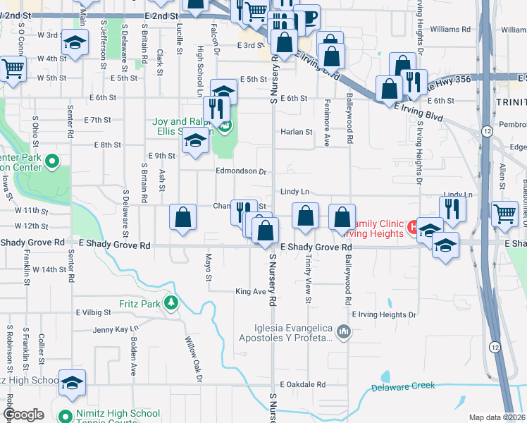 map of restaurants, bars, coffee shops, grocery stores, and more near 1006 Lindy Lane in Irving
