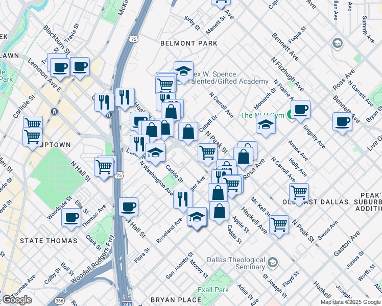 map of restaurants, bars, coffee shops, grocery stores, and more near 2102 North Haskell Avenue in Dallas
