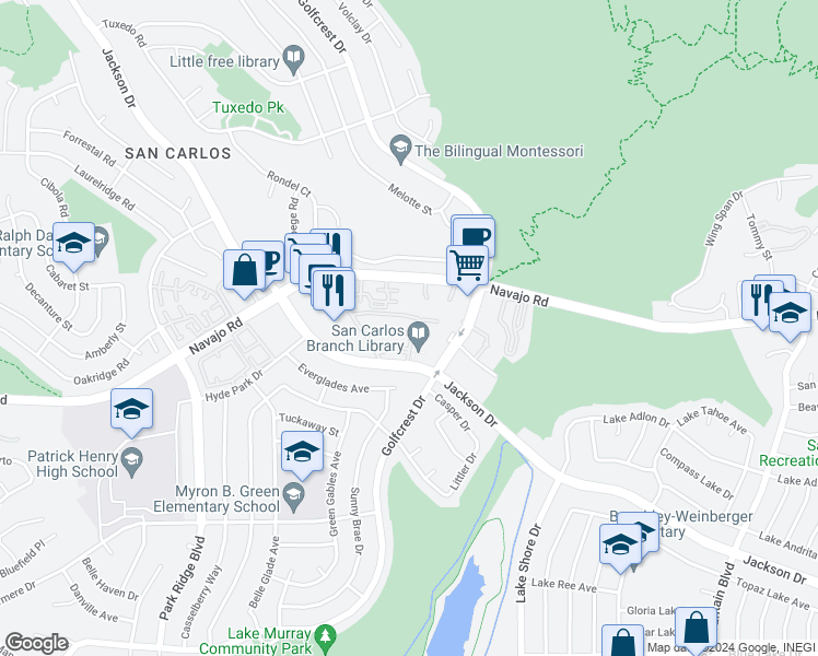 map of restaurants, bars, coffee shops, grocery stores, and more near 7187 Navajo Road in San Diego