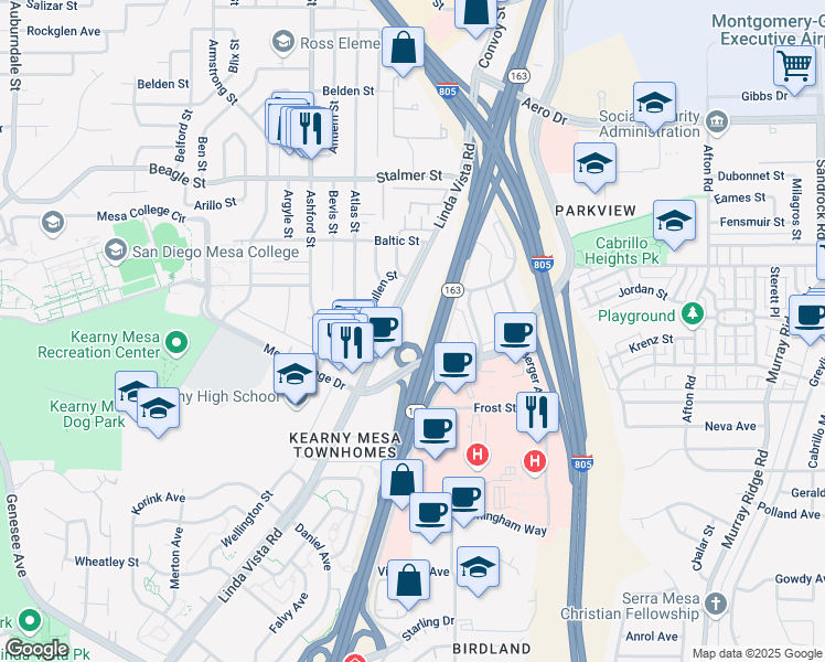 map of restaurants, bars, coffee shops, grocery stores, and more near 7737 Linda Vista Road in San Diego