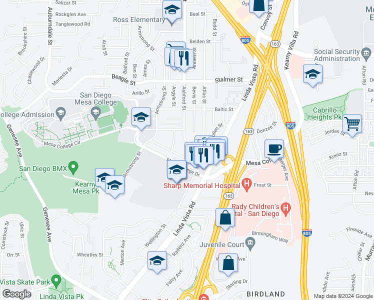 map of restaurants, bars, coffee shops, grocery stores, and more near 7556 Cullen Street in San Diego