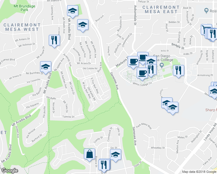map of restaurants, bars, coffee shops, grocery stores, and more near 3077 Old Bridgeport Way in San Diego