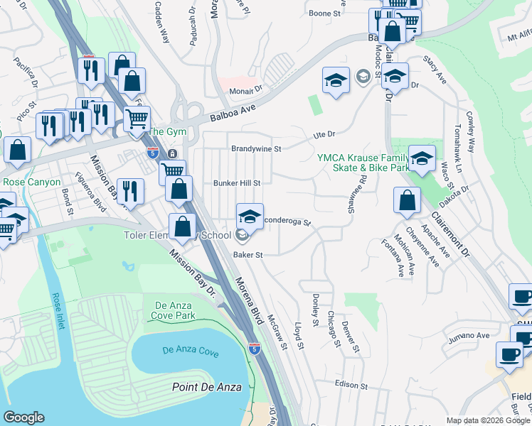 map of restaurants, bars, coffee shops, grocery stores, and more near 3550 Trenton Avenue in San Diego