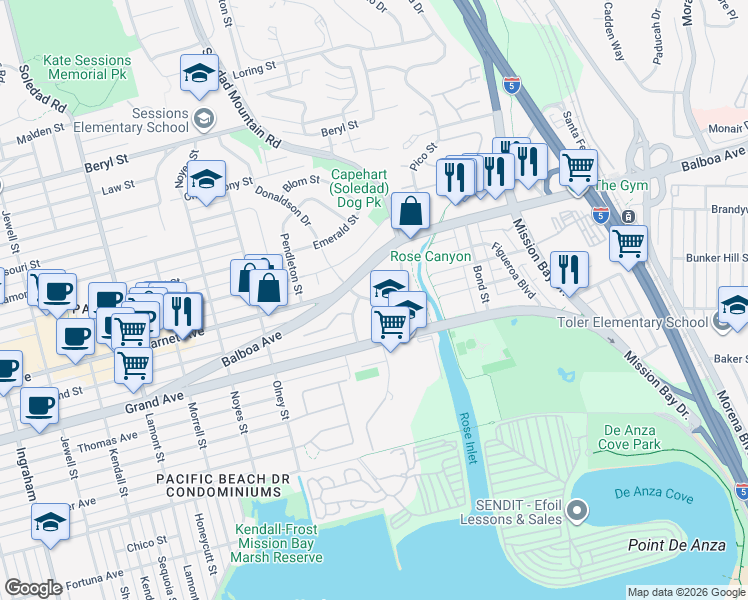 map of restaurants, bars, coffee shops, grocery stores, and more near 4470 Fogg Court in San Diego