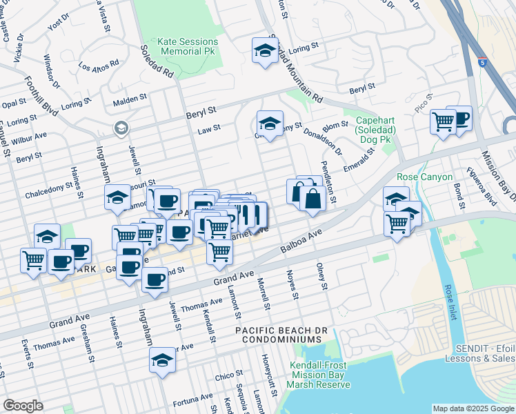 map of restaurants, bars, coffee shops, grocery stores, and more near 2077 Emerald Street in San Diego