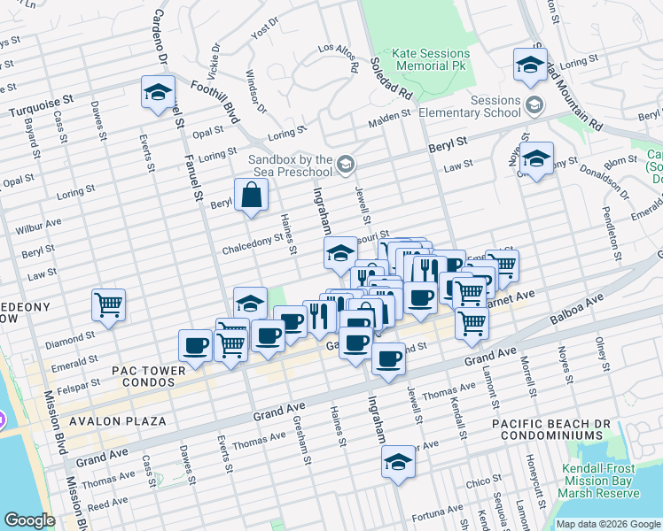 map of restaurants, bars, coffee shops, grocery stores, and more near 1623 Missouri Street in San Diego