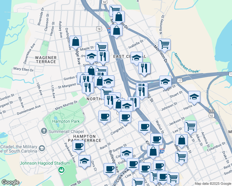 map of restaurants, bars, coffee shops, grocery stores, and more near 1000 King Street in Charleston