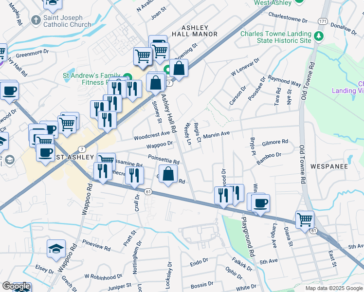 map of restaurants, bars, coffee shops, grocery stores, and more near 9 Wendy Lane in Charleston