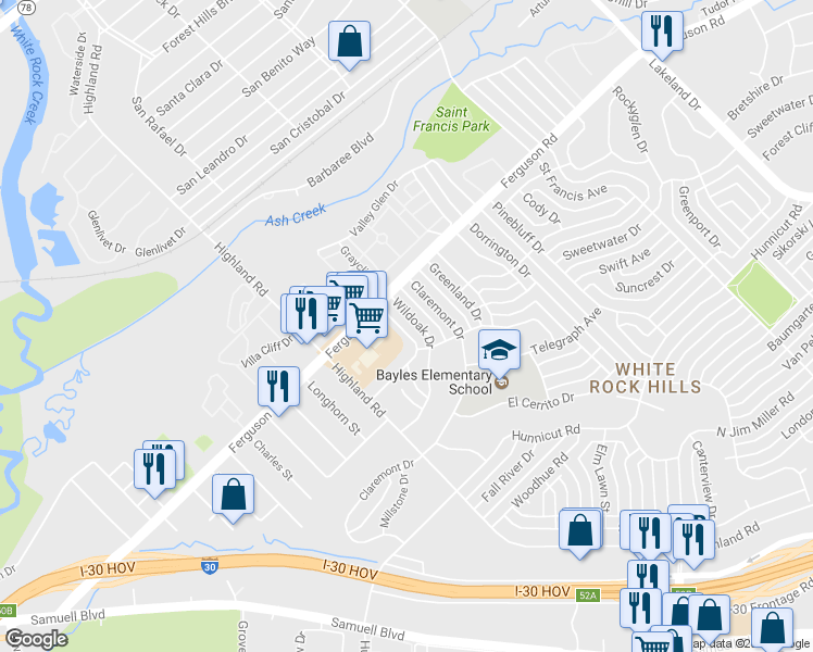 map of restaurants, bars, coffee shops, grocery stores, and more near 2312 Wildoak Drive in Dallas