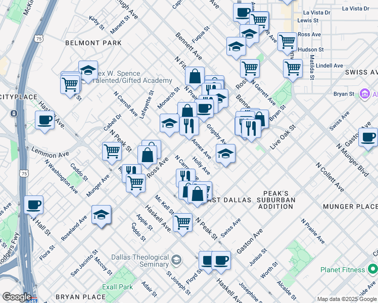 map of restaurants, bars, coffee shops, grocery stores, and more near 1600 Annex Avenue in Dallas