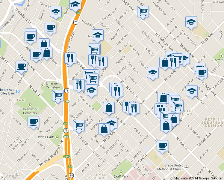 map of restaurants, bars, coffee shops, grocery stores, and more near 4207 Cabell Drive in Dallas