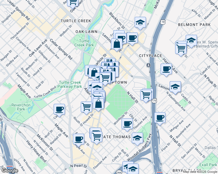 map of restaurants, bars, coffee shops, grocery stores, and more near 3232 McKinney Avenue in Dallas