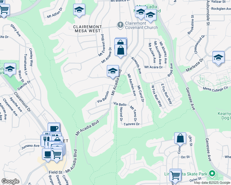 map of restaurants, bars, coffee shops, grocery stores, and more near 3401 Mount Acadia Boulevard in San Diego