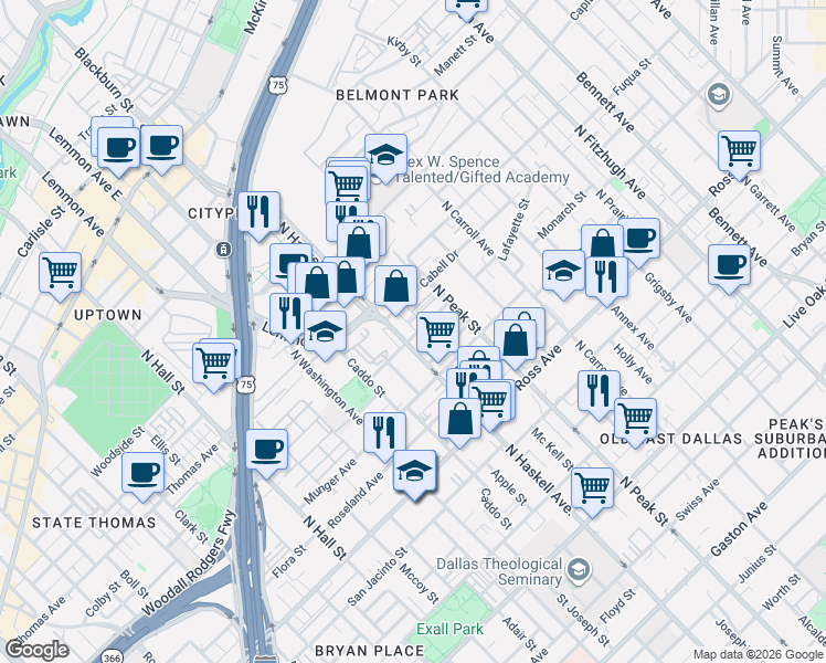 map of restaurants, bars, coffee shops, grocery stores, and more near 4207 Cabell Drive in Dallas