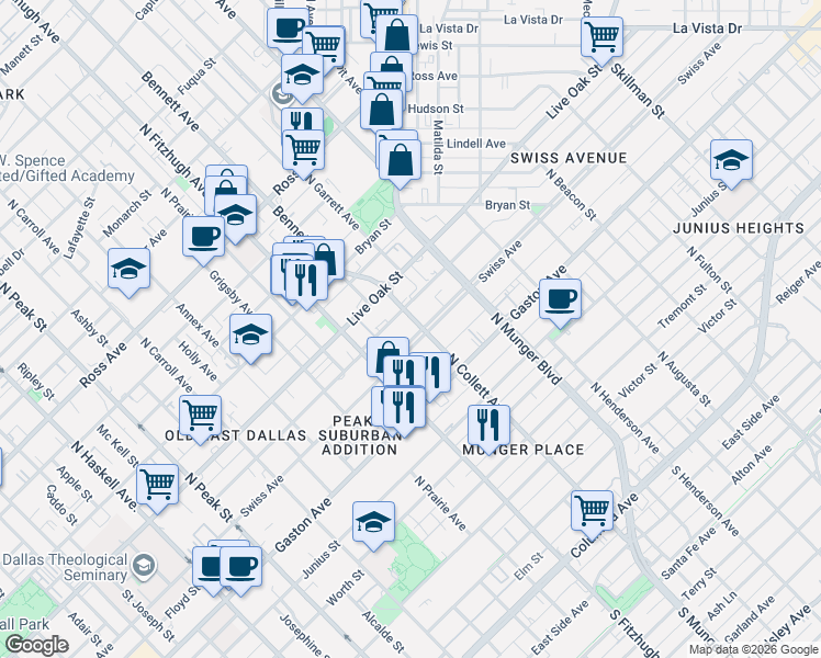 map of restaurants, bars, coffee shops, grocery stores, and more near 4949 Swiss Avenue in Dallas