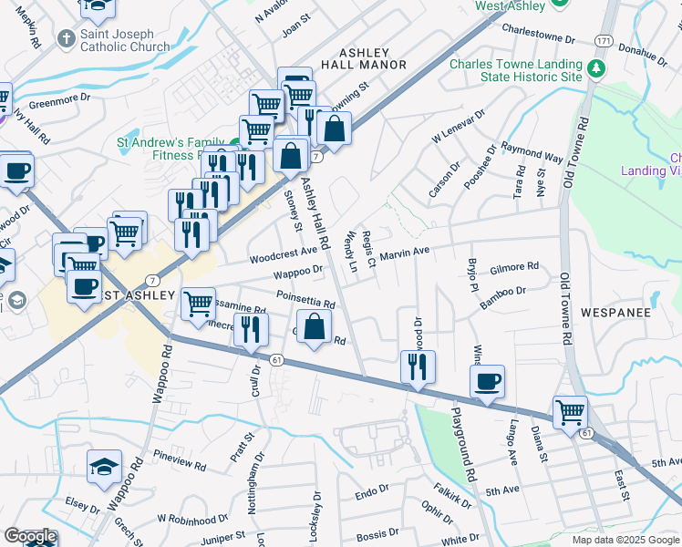 map of restaurants, bars, coffee shops, grocery stores, and more near 9 Wendy Lane in Charleston