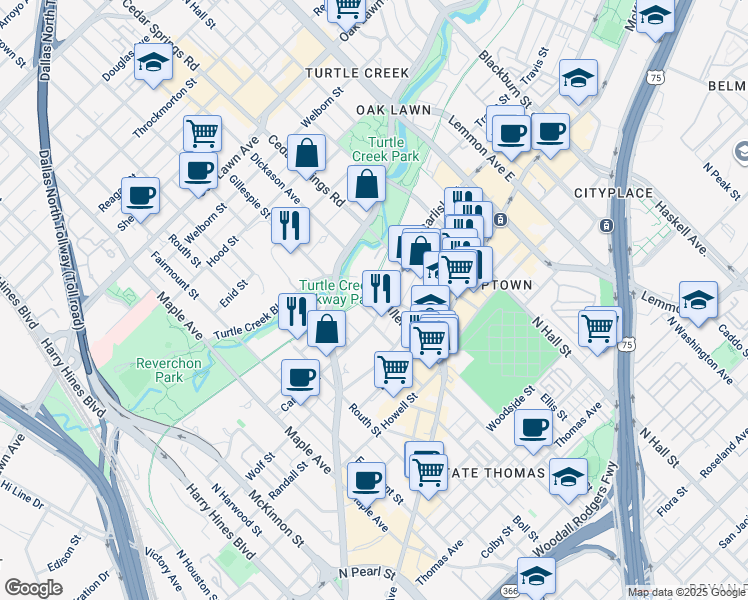 map of restaurants, bars, coffee shops, grocery stores, and more near 2929 Carlisle Street in Dallas
