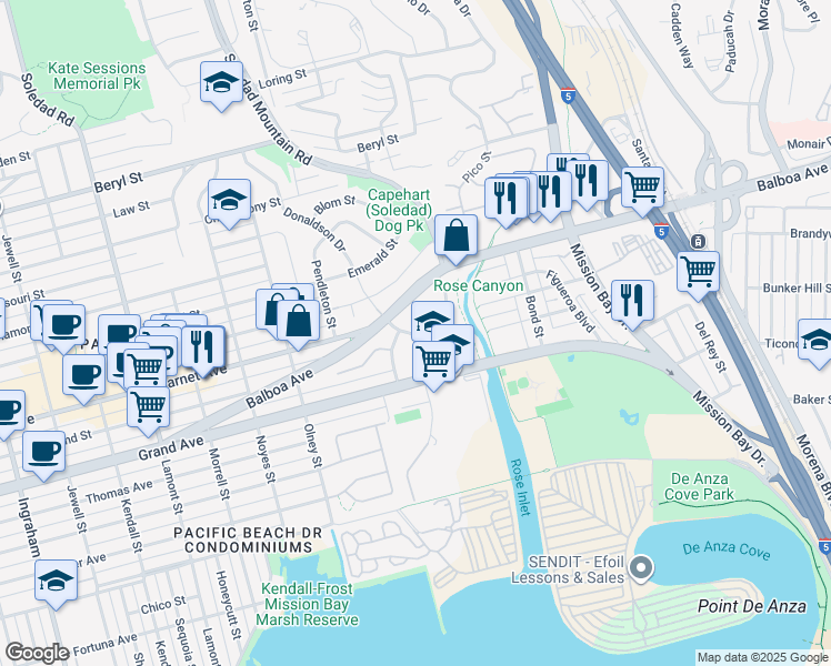 map of restaurants, bars, coffee shops, grocery stores, and more near 2445 Fogg Street in San Diego