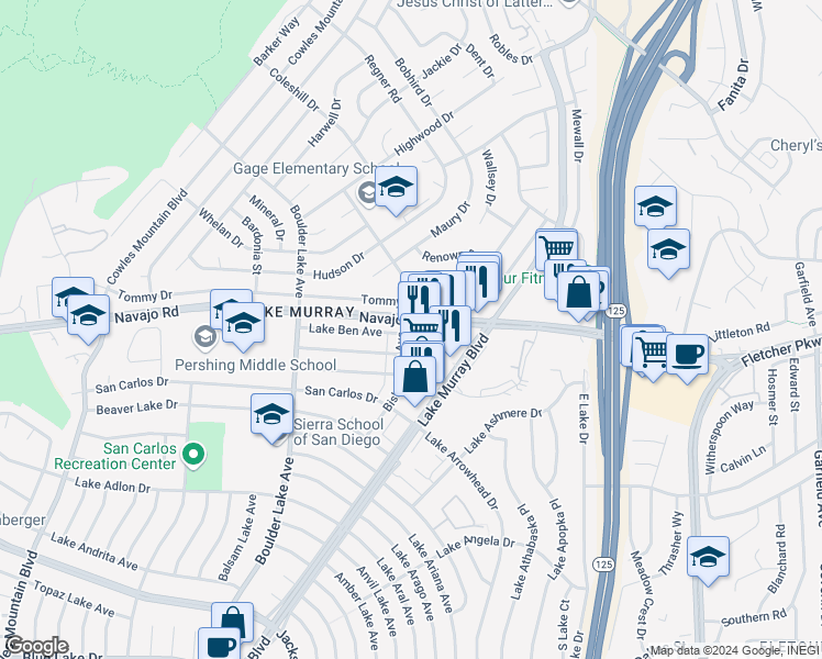 map of restaurants, bars, coffee shops, grocery stores, and more near 8505 Navajo Road in San Diego