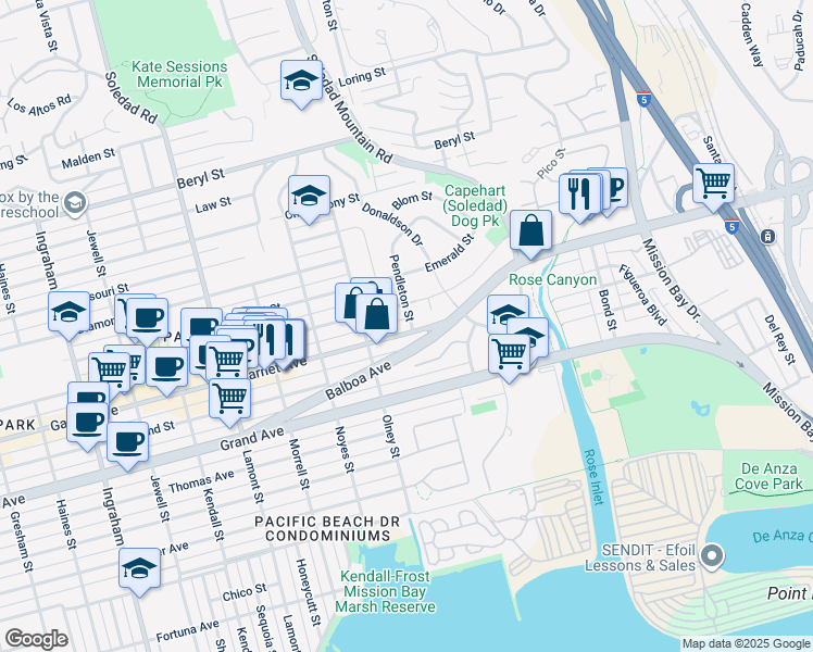 map of restaurants, bars, coffee shops, grocery stores, and more near 2303 Felspar Street in San Diego