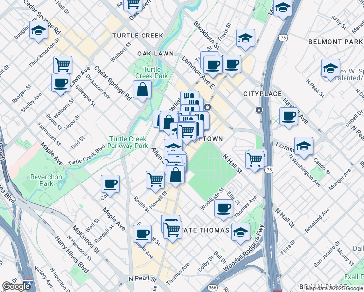 map of restaurants, bars, coffee shops, grocery stores, and more near 3131 McKinney Avenue in Dallas