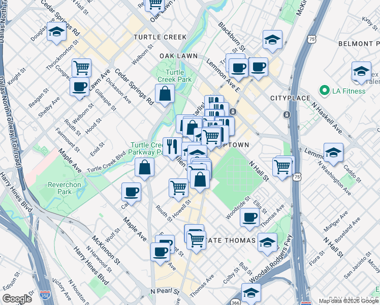 map of restaurants, bars, coffee shops, grocery stores, and more near 3007 Cole Avenue in Dallas