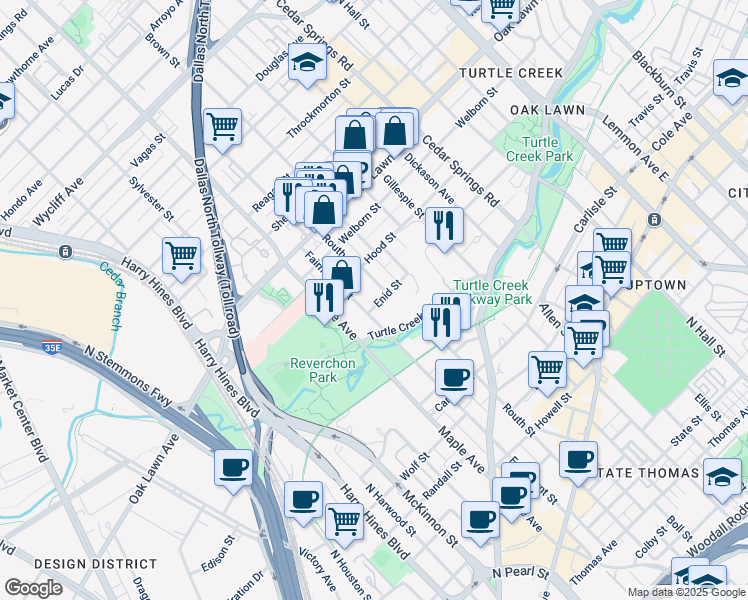 map of restaurants, bars, coffee shops, grocery stores, and more near 3508 Routh Street in Dallas