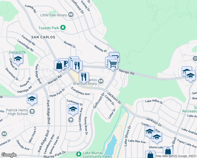 map of restaurants, bars, coffee shops, grocery stores, and more near 7187 Navajo Road in San Diego