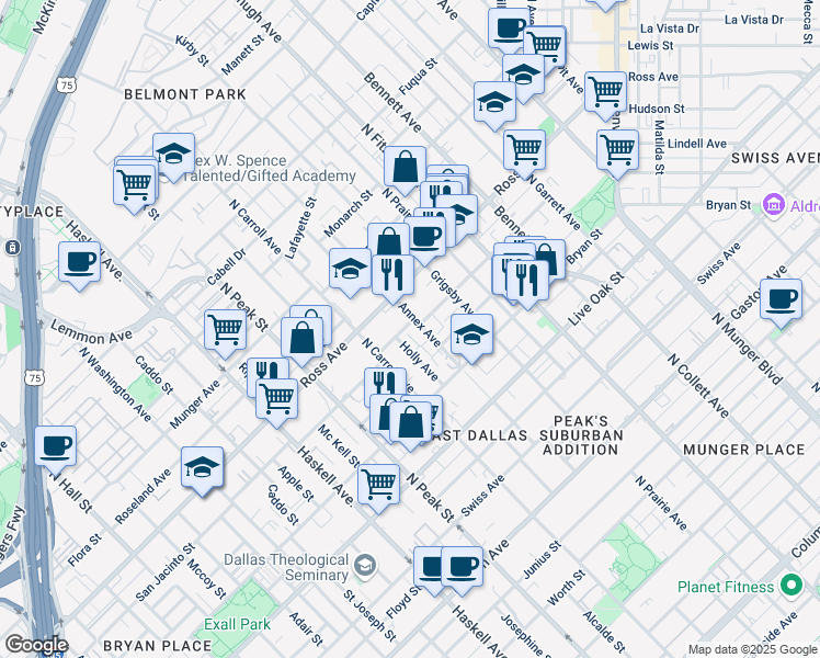 map of restaurants, bars, coffee shops, grocery stores, and more near 1600 Annex Avenue in Dallas