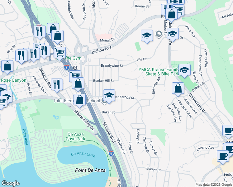 map of restaurants, bars, coffee shops, grocery stores, and more near 3550 Trenton Avenue in San Diego