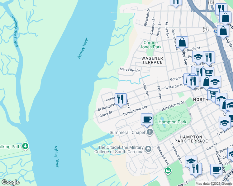 map of restaurants, bars, coffee shops, grocery stores, and more near 49 8th Avenue in Charleston