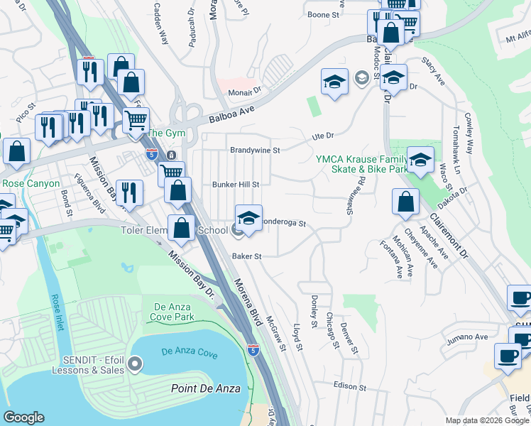 map of restaurants, bars, coffee shops, grocery stores, and more near 3546 Trenton Avenue in San Diego