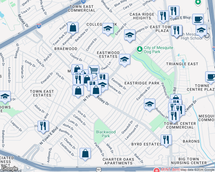 map of restaurants, bars, coffee shops, grocery stores, and more near 2728 Westview Drive in Mesquite