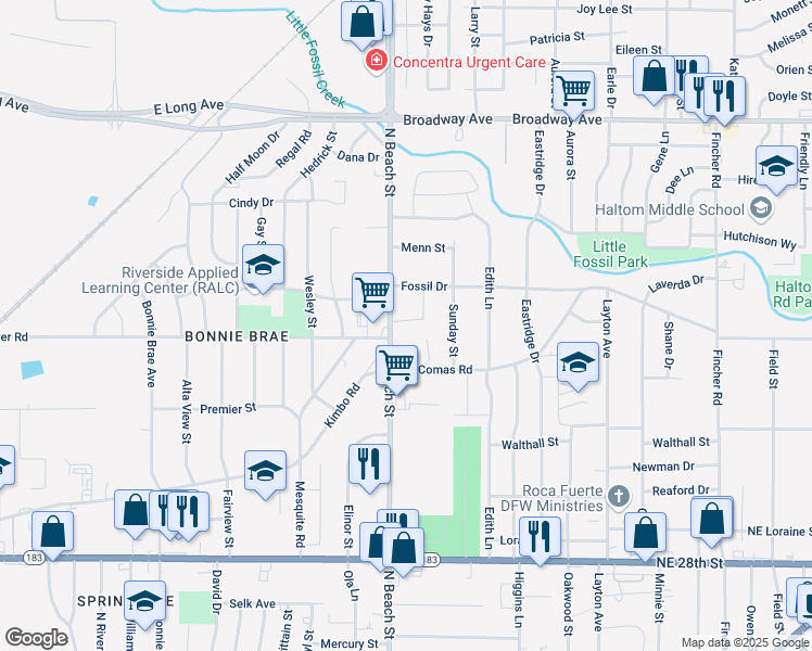 map of restaurants, bars, coffee shops, grocery stores, and more near 3334 North Beach Street in Haltom City