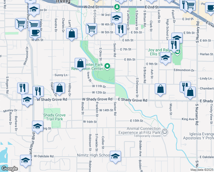 map of restaurants, bars, coffee shops, grocery stores, and more near 201 West 11th Street in Irving