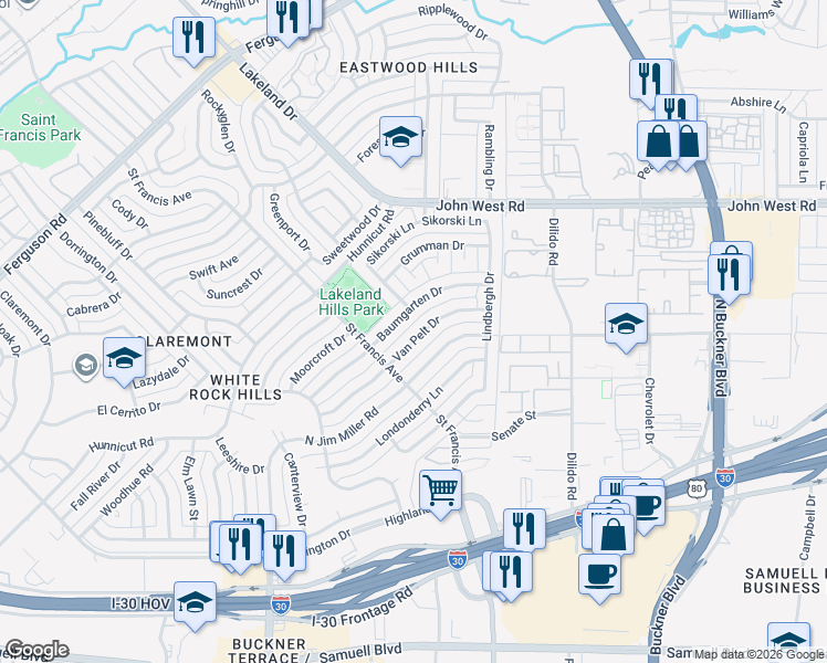 map of restaurants, bars, coffee shops, grocery stores, and more near 8520 Baumgarten Drive in Dallas