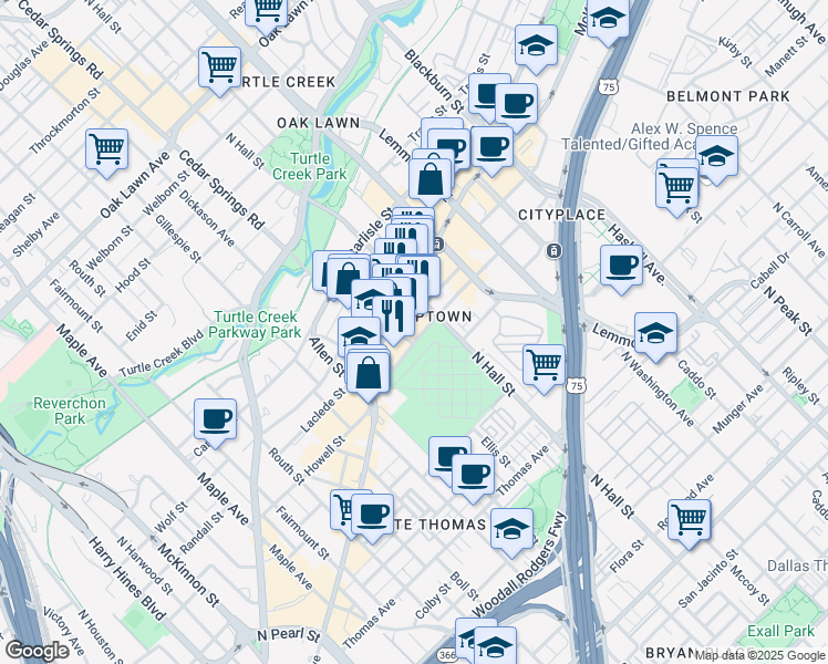 map of restaurants, bars, coffee shops, grocery stores, and more near 3232 McKinney Avenue in Dallas