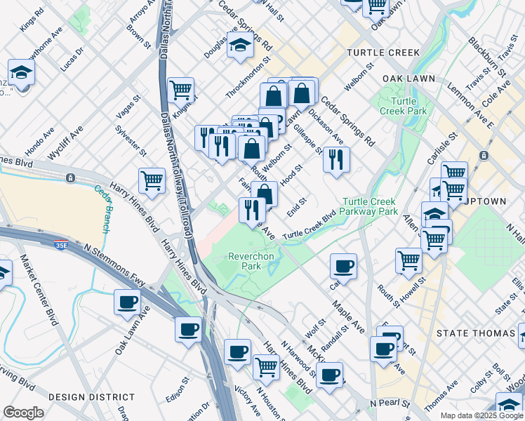 map of restaurants, bars, coffee shops, grocery stores, and more near 3534 Fairmount Street in Dallas