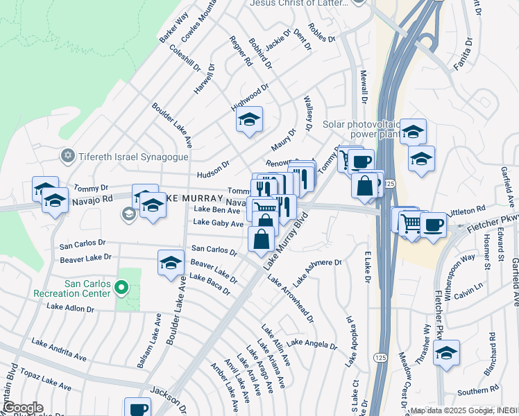 map of restaurants, bars, coffee shops, grocery stores, and more near 8505 Navajo Road in San Diego