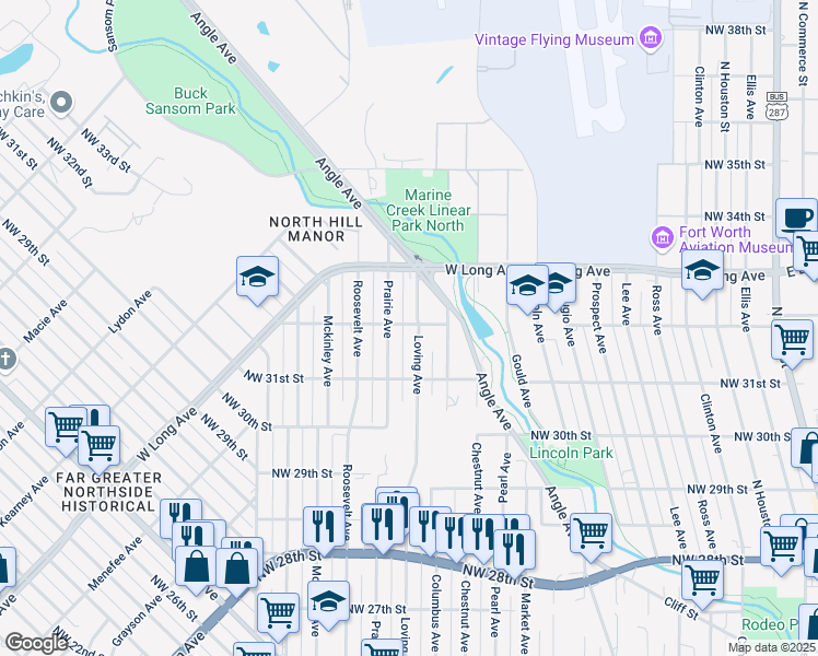 map of restaurants, bars, coffee shops, grocery stores, and more near 3204 Prairie Avenue in Fort Worth