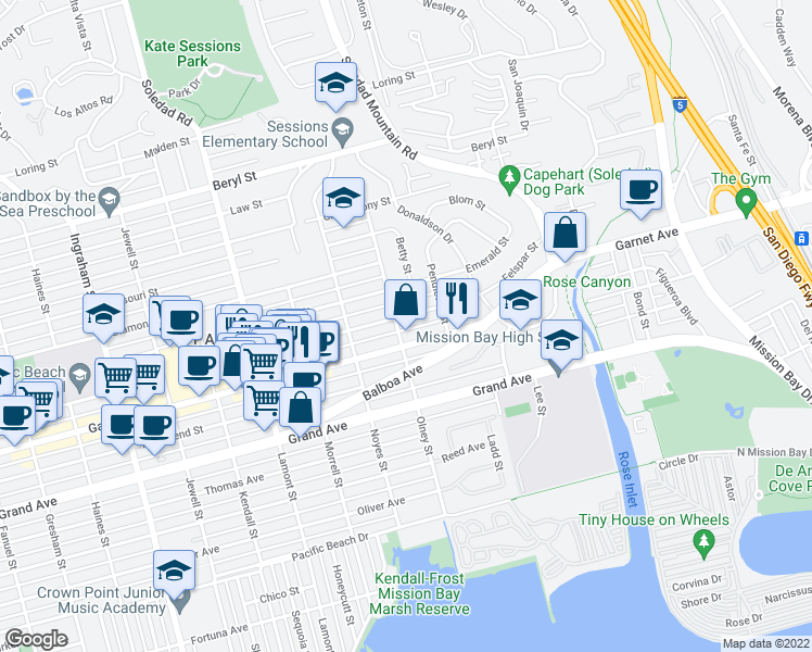 map of restaurants, bars, coffee shops, grocery stores, and more near 2211 Felspar Street in San Diego