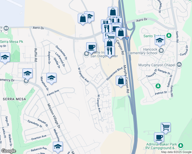map of restaurants, bars, coffee shops, grocery stores, and more near 9709 West Canyon Terrace in San Diego
