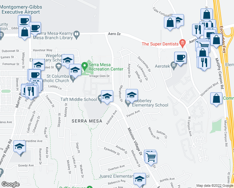 map of restaurants, bars, coffee shops, grocery stores, and more near 9352 Angwin Place in San Diego