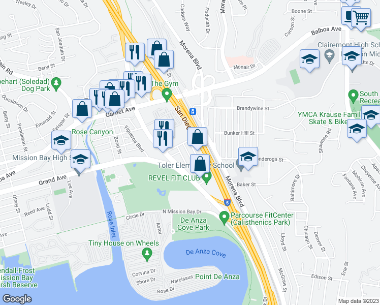 map of restaurants, bars, coffee shops, grocery stores, and more near 3033 Bunker Hill Street in San Diego