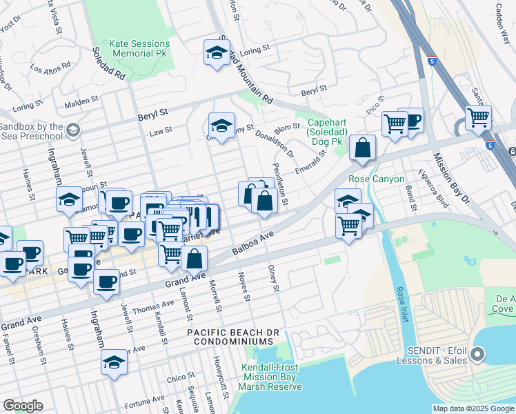 map of restaurants, bars, coffee shops, grocery stores, and more near 2228 Felspar Street in San Diego