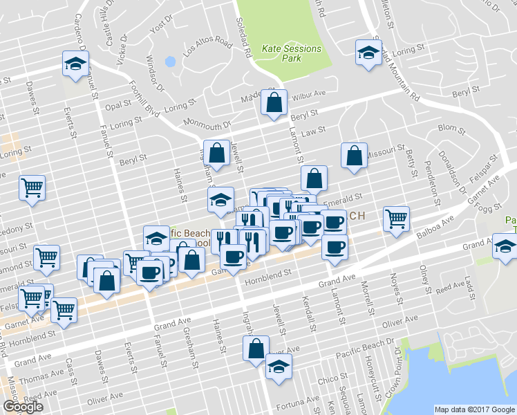 map of restaurants, bars, coffee shops, grocery stores, and more near 4730 Jewell Street in San Diego